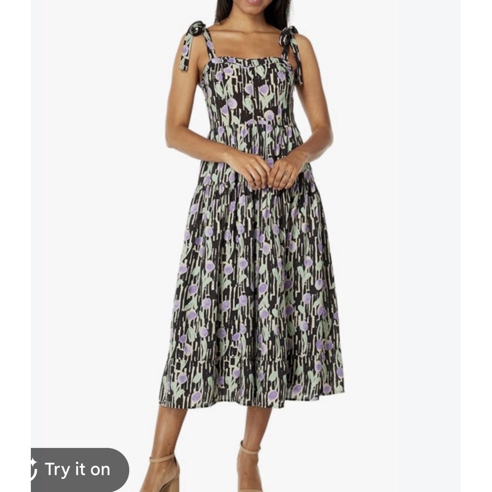 Moon River Purple floral Tiered Midi Dress Black Tie Strap Large boho whimsi re